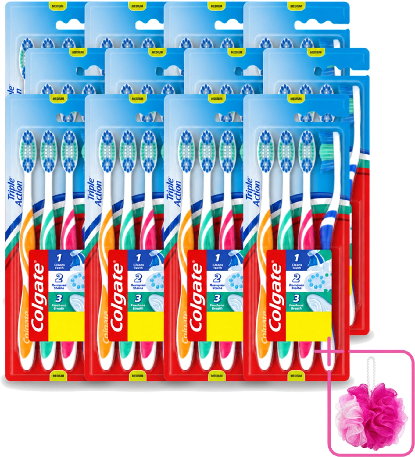 12 x Colgate - Tandenborstels - Triple Action - Medium - 4 borstels - Bulkverpakking - Tandenborstel - Douchemop - Mondhygiëne