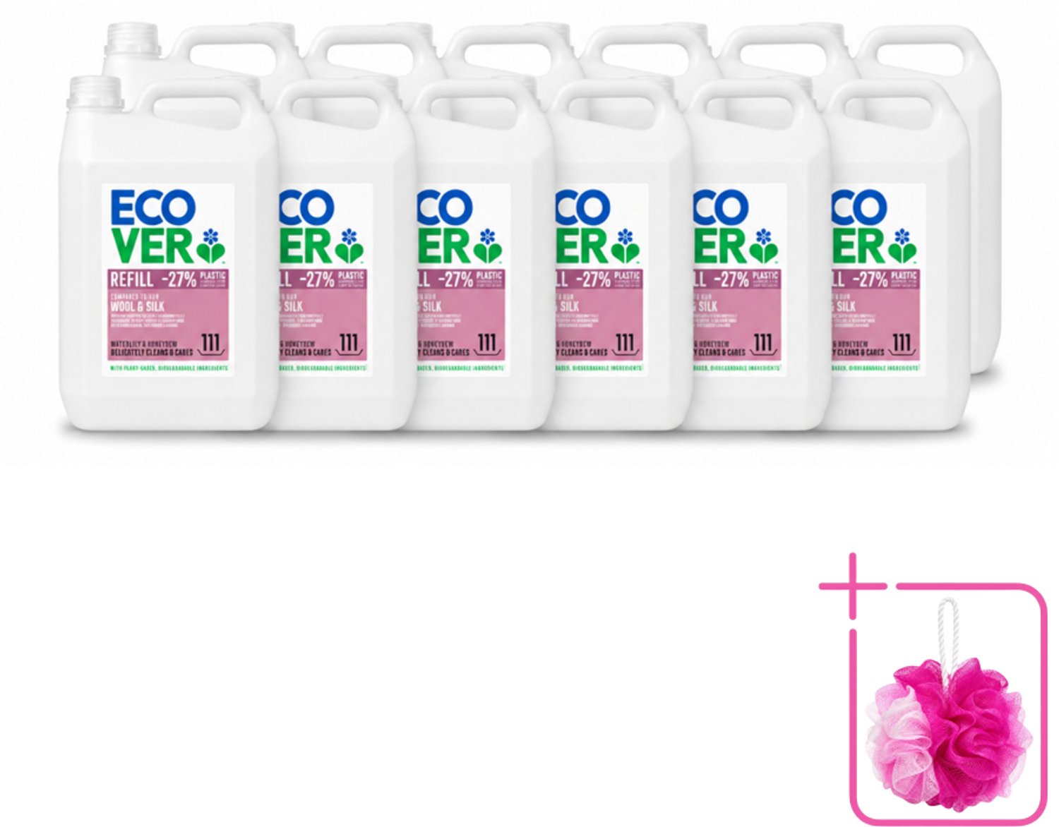 12 x Ecover - Vloeibaar wasmiddel - Wol & Fijnwas - Waterlelie & Honingmeloen - 5 liter - 111 wasbeurten - Bulkverpakking - Fijnwas - Douchemop - Wolwas
