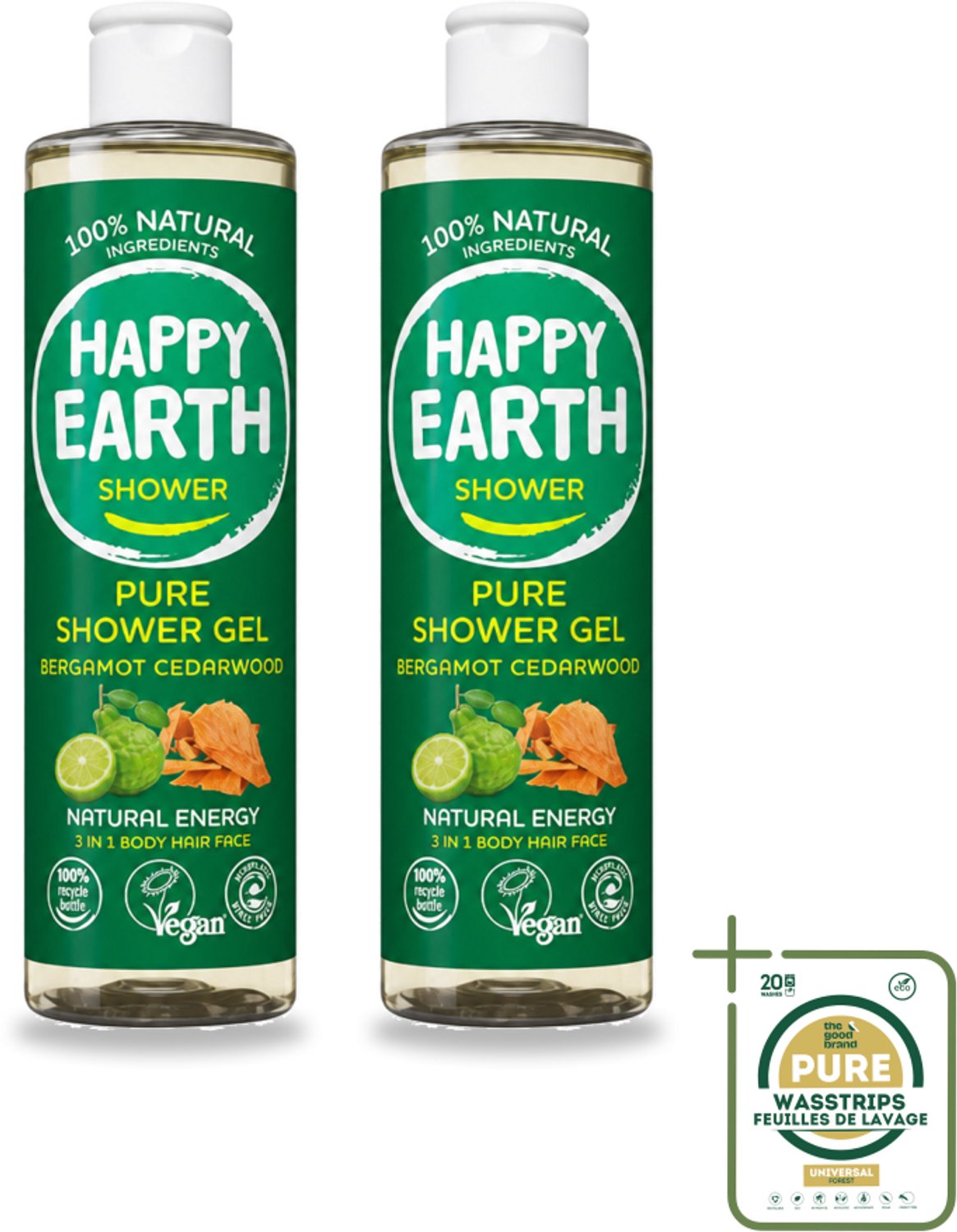2 x Happy Earth – Douchegel – 100% Natuurlijk Bergamot Cedarwood – 300 ml - Wasstrips - Douchegel Bergamot Cederhout - Natuurlijke Douchegel - Vegan Douchegel - Dierproefvrije Douchegel - Biologische Douchegel