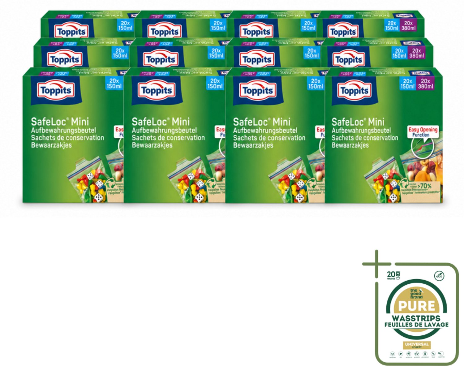 12 x Toppits – Safeloc Mini Zip-Zakjes – 40 Zakjes - Wasstrips - Mini Zakjes - Lekvrij - Herbruikbaar - Herbruikbare Zakjes - Droge Opslag