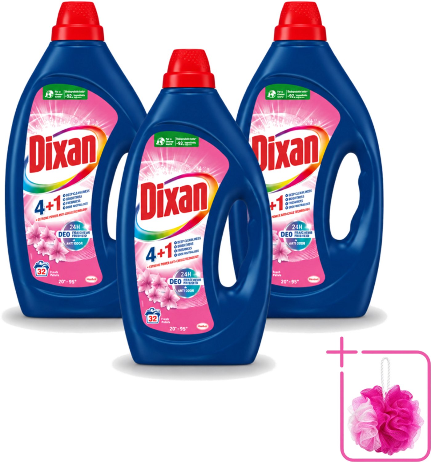 3 x Dixan - Vloeibaar wasmiddel - Fresh Pink - 32 wasbeurten - Bulkverpakking - Wasmiddel - Douchemop - Wasgeur