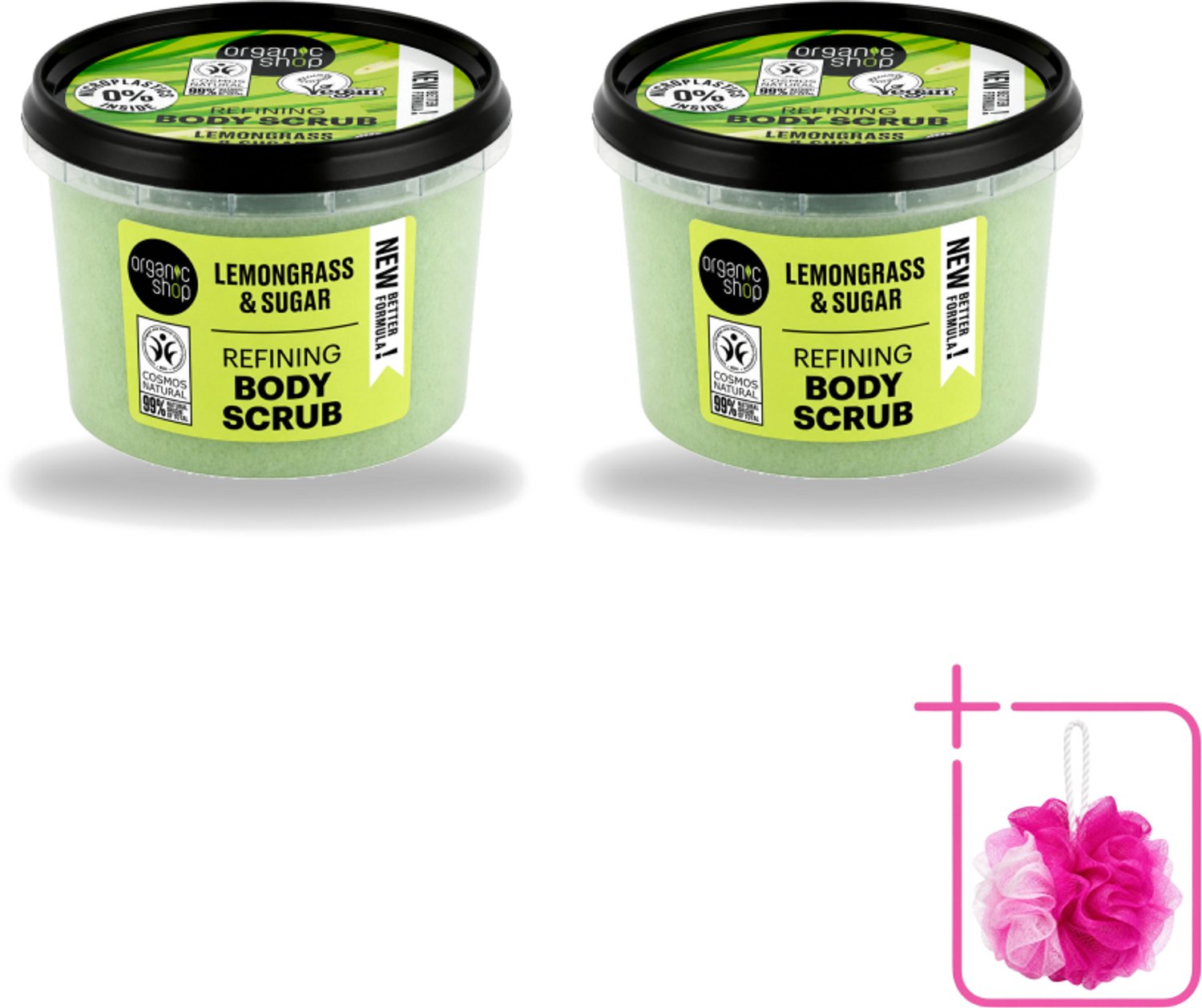 2 x Organic Shop - Body Scrub Lemongrass - Verfrissend en Verzorgend - 250 ml - Bulkverpakking - Bodyscrub - Douchemop - Exfoliatie