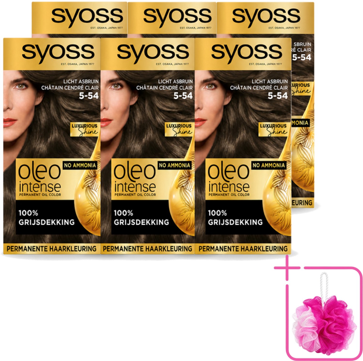 6 x SYOSS - Oleo Intense 5-54 Licht As Bruin - Haarverf - Zonder Ammoniak - Grijsdekking - Langdurige Kleur - Bulkverpakking - Haarkleur - Douchemop - Haarkleuring