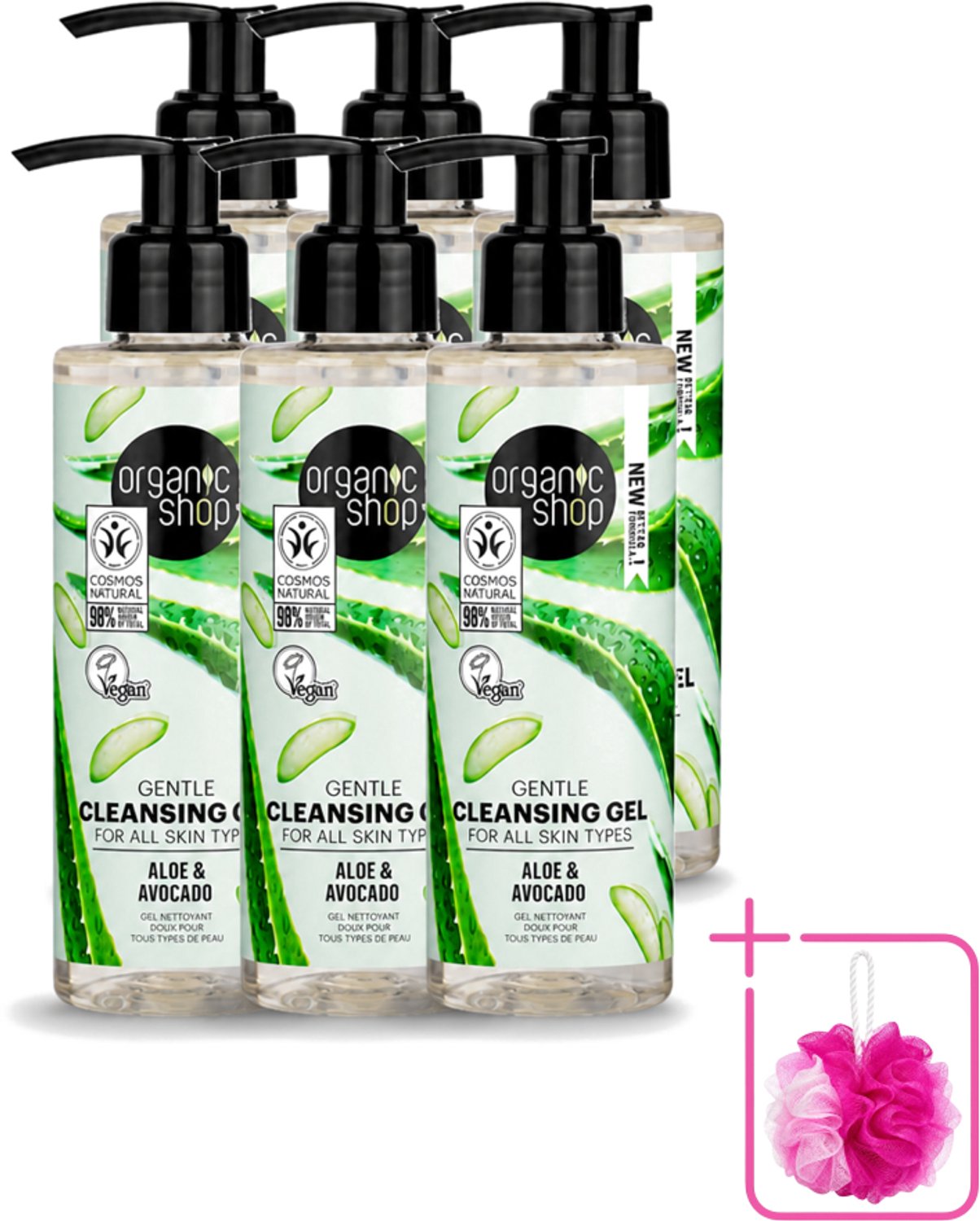 6 x Organic Shop - Cleansing Gel Avocado & Aloe - Verfrissend en Hydraterend - 200 ml - Bulkverpakking - Gezichtsreiniger - Douchemop - Natuurlijke reiniging