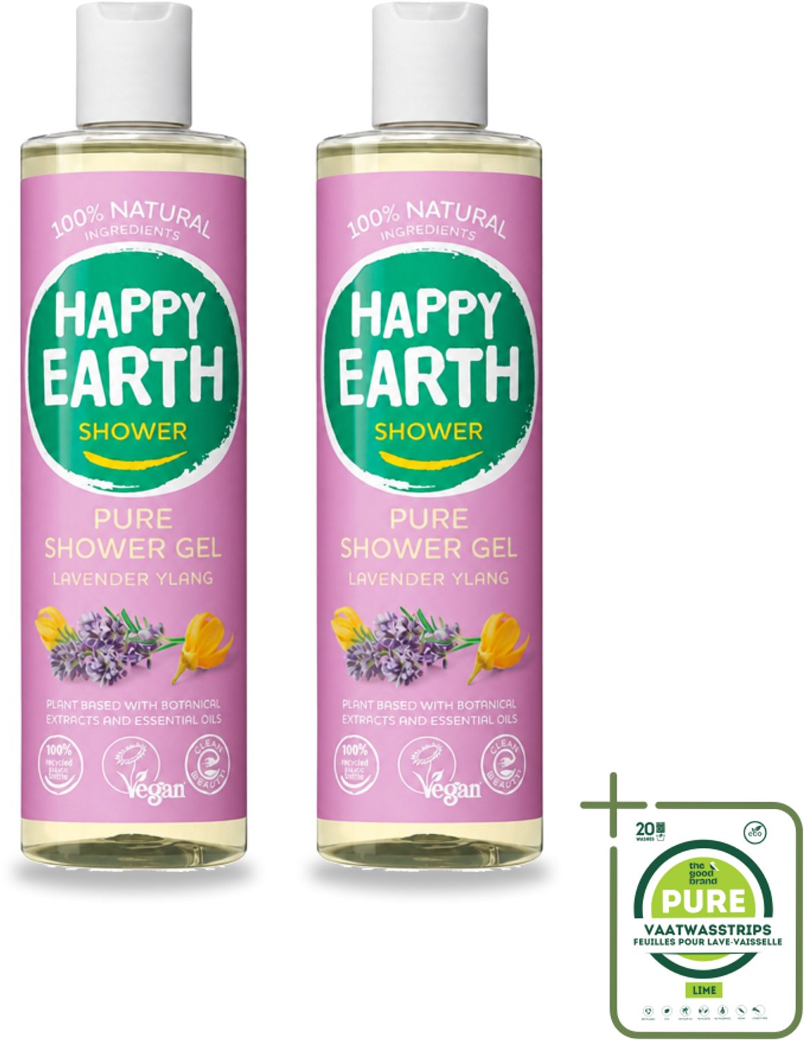 2 x Happy Earth – Douchegel – 100% Natuurlijk Lavender Ylang – 300 ml - Grootverpakking - Vaatwasstrips - Douche Gel - Natuurlijke Douche - Lavendel Douche - Ylang-ylang Douche - Vegan Douche