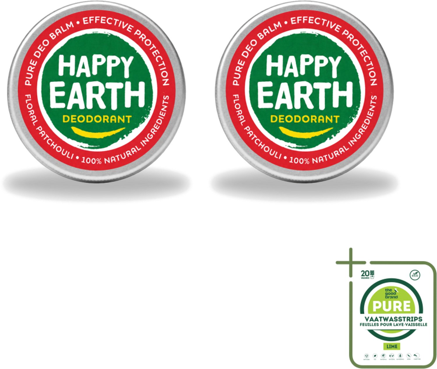 2 x Happy Earth – Deodorant Balm – 100% Natuurlijk Floral Patchouli – 45 g - Grootverpakking - Vaatwasstrips - Deodorant Balm - Natuurlijke Deodorant - Bloemige Geur - Patchouli - Huidvriendelijk