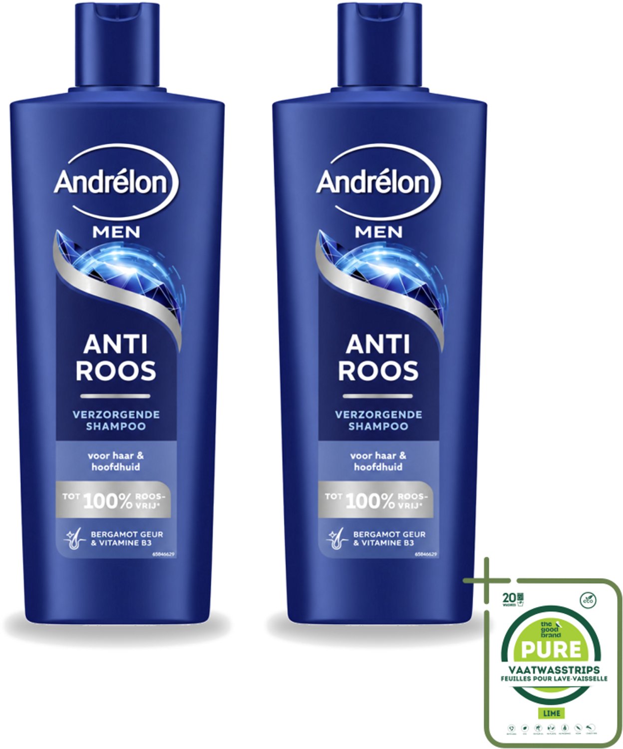 2 x Andrélon – Shampoo – Anti Roos Men – 400 ml - Grootverpakking - Vaatwasstrips - Anti-roos Shampoo - Roosvrij Haar - Mannelijke Haarverzorging - Droge Hoofdhuid - Gevoelige Hoofdhuid