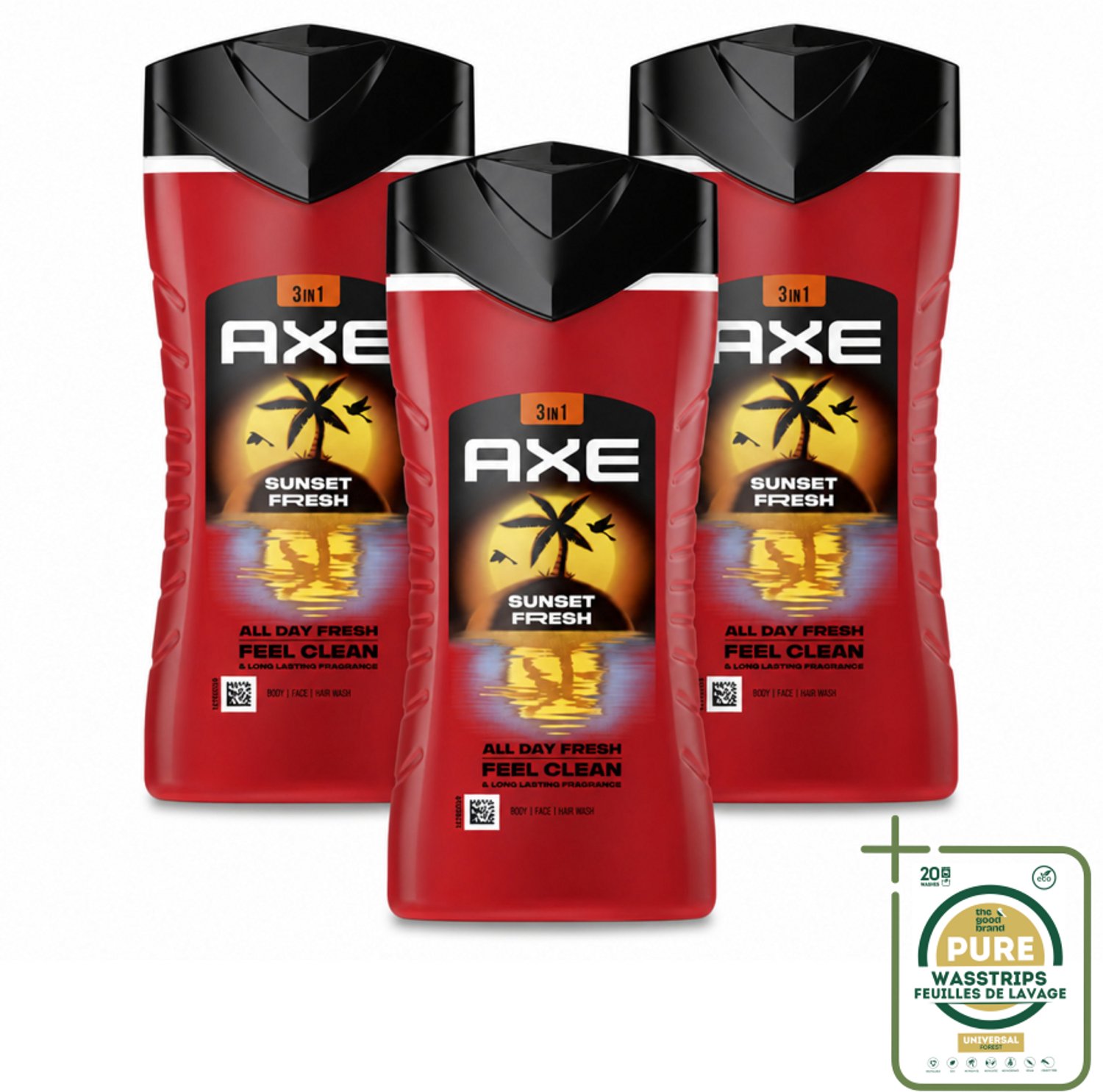 3 x Axe – Douchegel 3-in-1 – Sunset Fresh – 250 ml - Wasstrips - Douchegel - Lichaam Verzorging - Gezicht Verzorging - Haar Verzorging - Frisheid