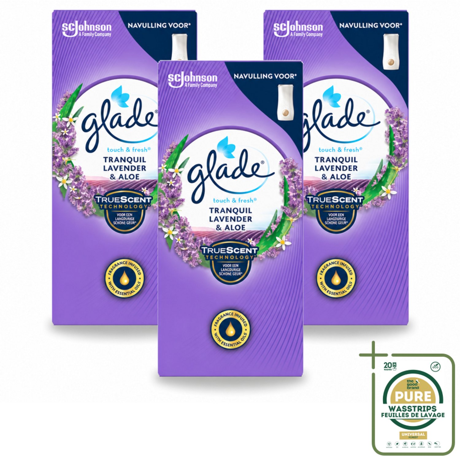 3 x Glade – Touch & Fresh Navulling – Tranquil Lavender & Aloe – 10 ml - Luchtverfrisser - Lavendel Geur - Aloe Vera - Rustgevende Geur - Geurboost