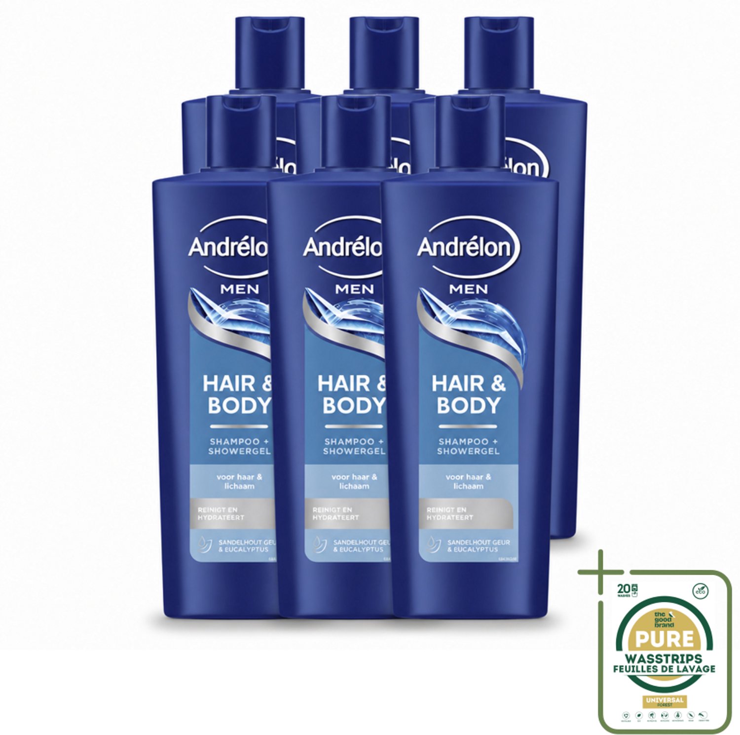 6 x Andrélon – Shampoo – Hair & Body Men – 400 ml - Wasstrips - 2-in-1 Shampoo En Showergel - Haar En Huid Reinigen - Eucalyptus - Sandelhout - Mannelijke Geur