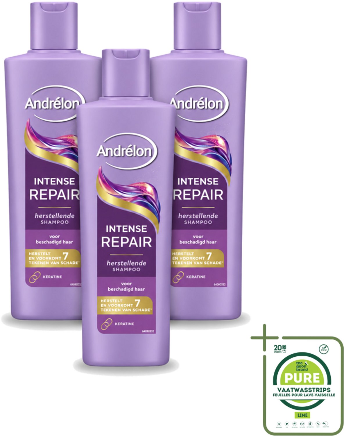 3 x Andrélon – Shampoo – Intense Repair – 250 ml - Grootverpakking - Vaatwasstrips - Haar Herstellen - Beschadigd Haar - Keratine Shampoo - Haar Beschermen - Haar Herstel