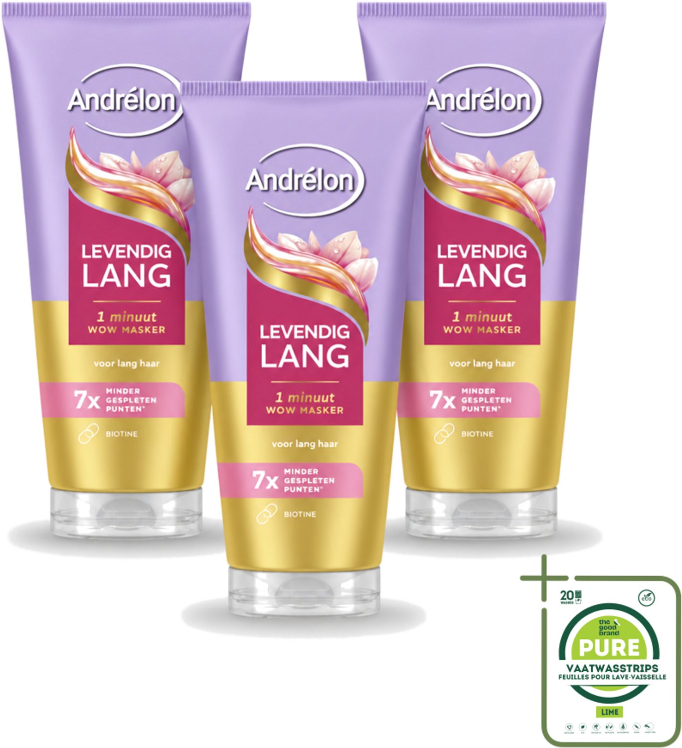 3 x Andrélon – Haarmasker WOW – Levendig Lang – 180 ml - Grootverpakking - Vaatwasstrips - Haarmasker - Lang Haar - Gespleten Punten - Haarversterking - Biotine