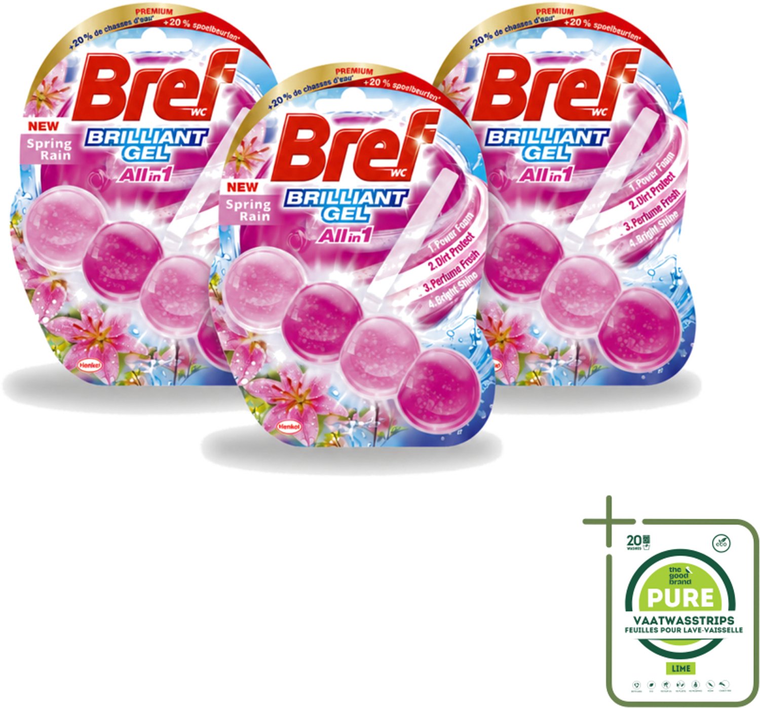 3 x Bref - Toiletblok - Brilliant Gel - Spring Rain - 42g - Grootverpakking - Vaatwasstrips - Toilet Reinigen - Toilet Fris - Toilet Glans - Toilet Hygiëne - Toilet Schoon