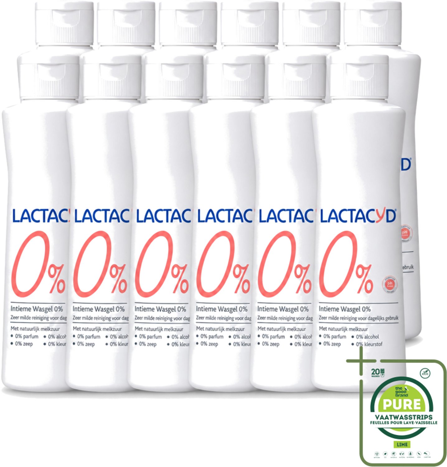 12 x Lactacyd – 0% – Milde Wasgel – 250 ml - Grootverpakking - Vaatwasstrips - Intieme Wasgel - Gevoelige Huid - PH-vriendelijk - Zeepvrij - Milde Wasgel