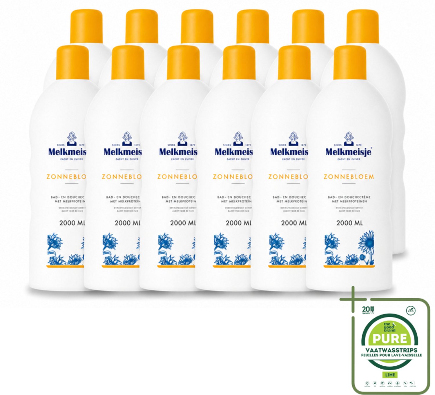 12 x Melkmeisje – Bad & Douchecrème – Zonnebloem – 2000 ml - Grootverpakking - Vaatwasstrips - Bad En Douche Crème - Zonnebloem En Melk - Huid Verzorging - Zachte Crème - Frisse Geur