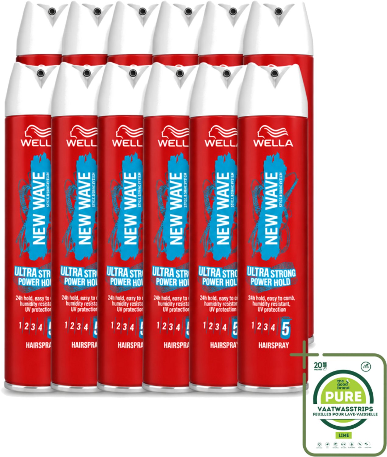 12 x Wella – New Wave Rock’n Hold Ultra Strong – Haarspray – 250 ml - Grootverpakking - Vaatwasstrips - Haarspray - Stevigheid - UV Bescherming - Vochtbestendig - Langdurige Fixatie