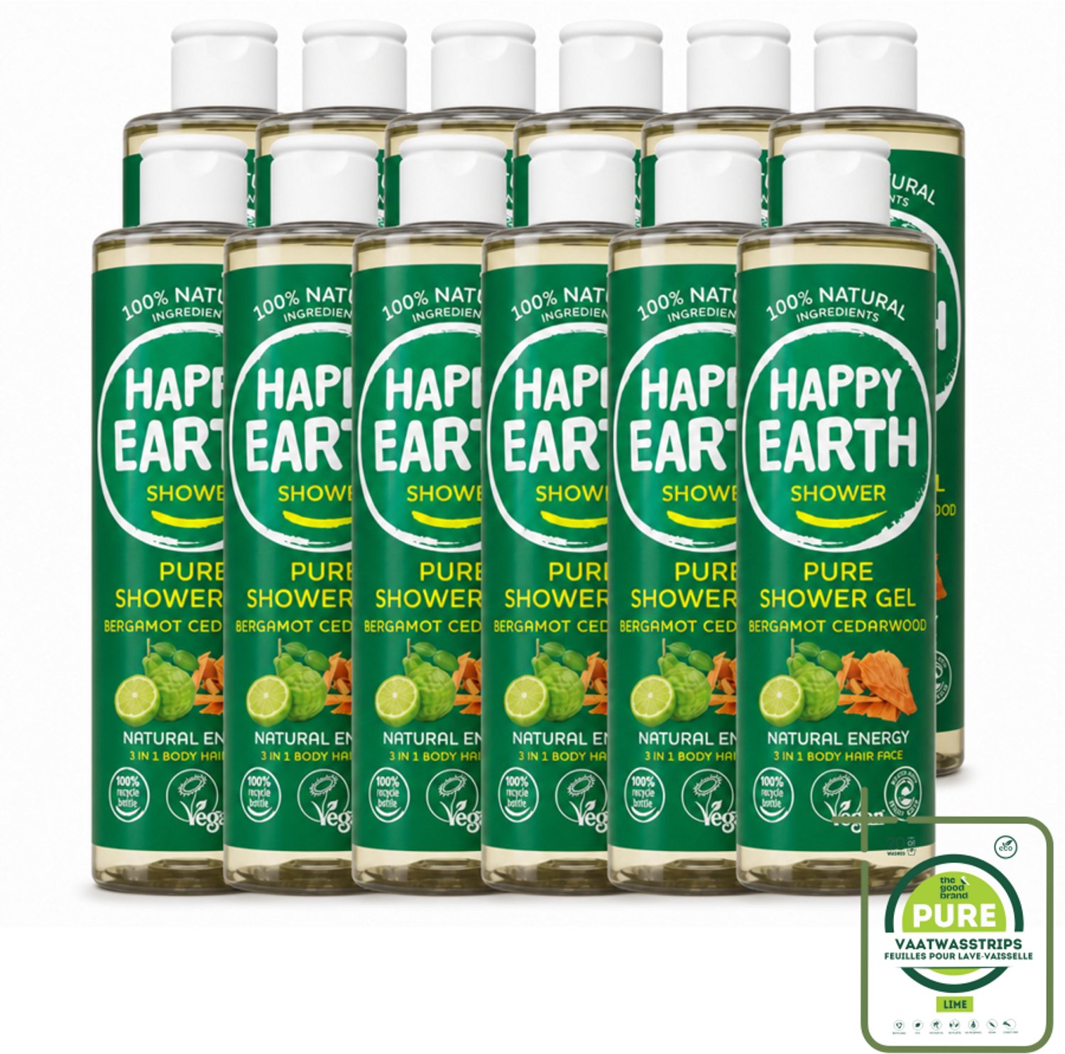 12 x Happy Earth – Douchegel – 100% Natuurlijk Bergamot Cedarwood – 300 ml - Grootverpakking - Vaatwasstrips - Douchegel Bergamot Cederhout - Natuurlijke Douchegel - Vegan Douchegel - Biologische Douchegel - Huidvriendelijke Douchegel