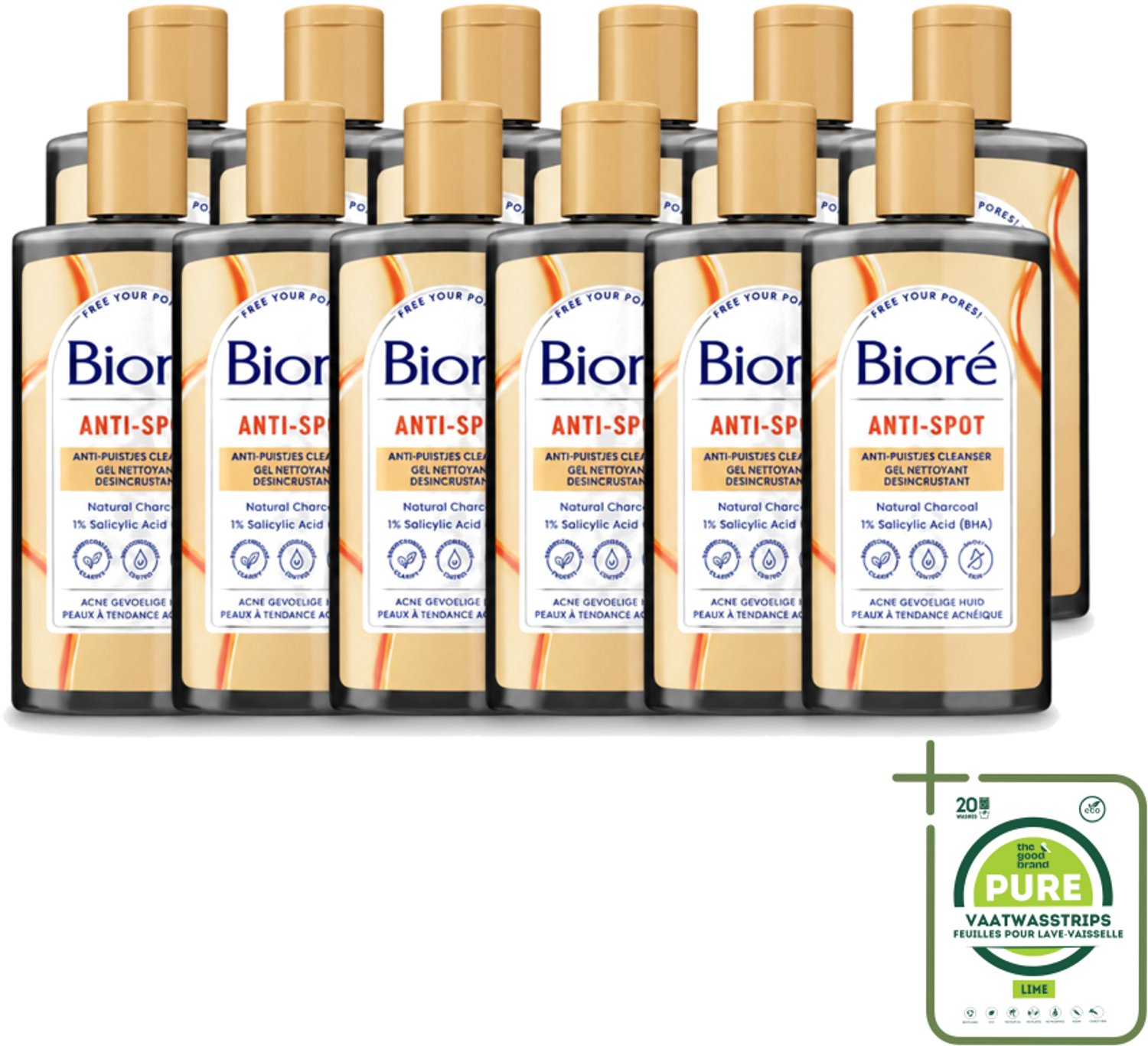 12 x Bioré – Houtskool Anti-Puistjes Reinigingsgel – Gezichtsreiniger – 200 ml - Grootverpakking - Vaatwasstrips - Houtskool Reinigingsgel - Puistjes Voorkomen - Gezicht Reinigen - Salicylzuur - Vet Huid Reinigen