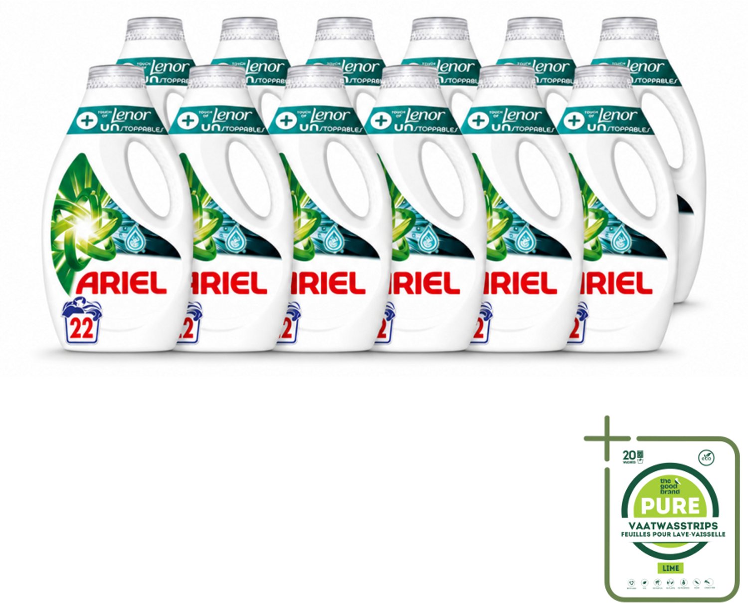12 x Ariel – +Touch van Lenor Unstoppables – Vloeibaar Wasmiddel – 990 ml - Grootverpakking - Vaatwasstrips - Wasmiddel - Vlekverwijdering - Frisheid - Kleding Reinigen - Wasmiddel Voor Bonte Was