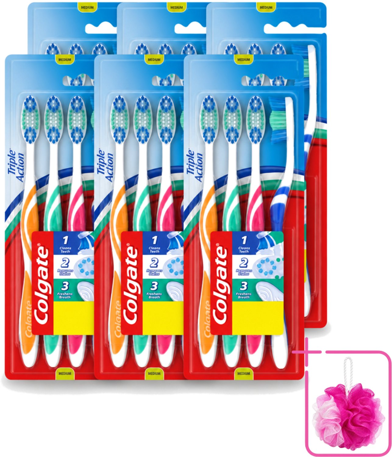 6 x Colgate - Tandenborstels - Triple Action - Medium - 4 borstels - Bulkverpakking - Tandenborstel - Douchemop - Mondhygiëne