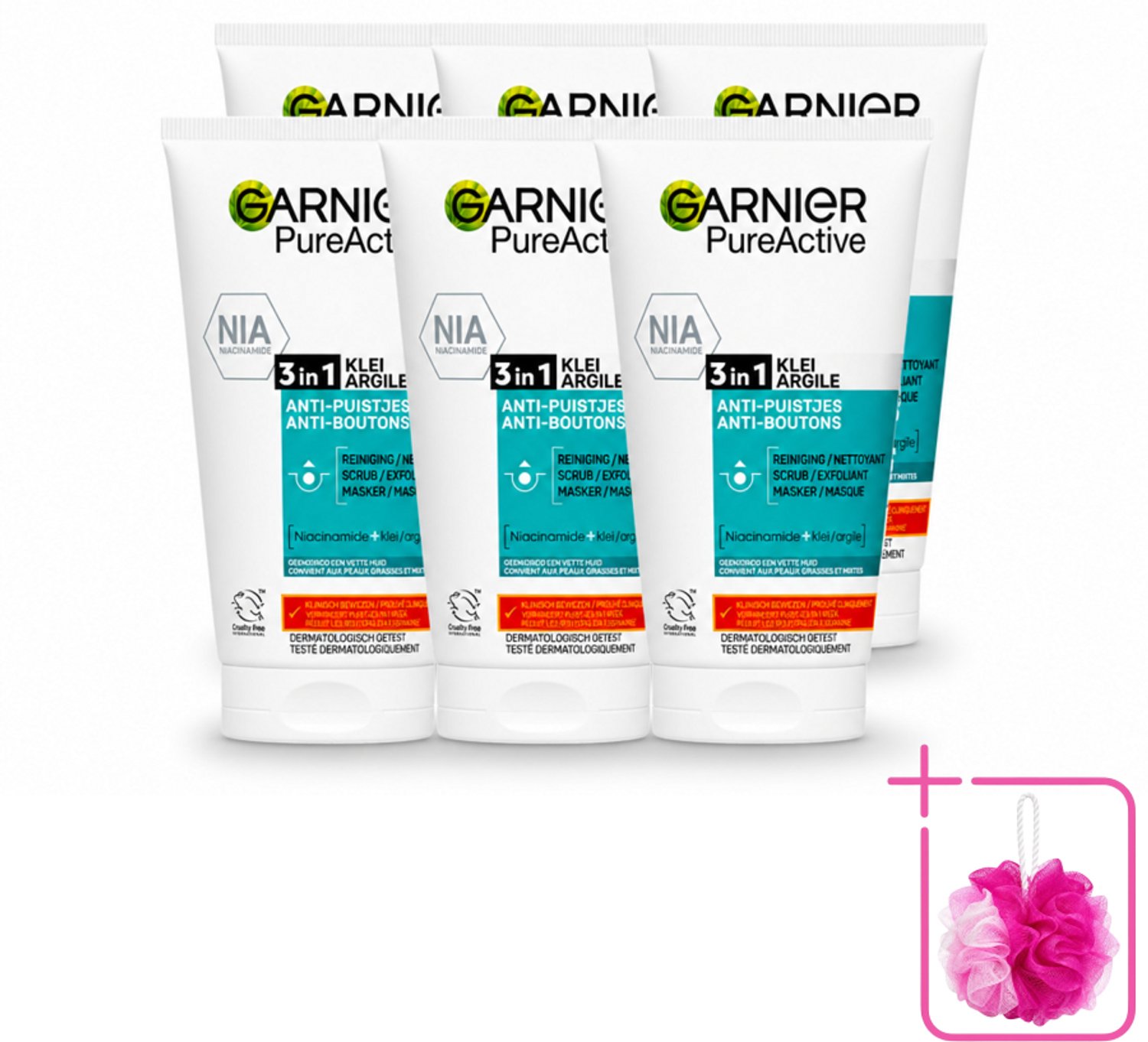 6 x Garnier - Pure Active - 3-in-1 Reiniging Scrub Masker - Tegen Puistjes & Onzuiverheden - Klei & Niacinamide - 150 ml - Bulkverpakking - 3-in-1 reiniging - Douchemop - Puistjes