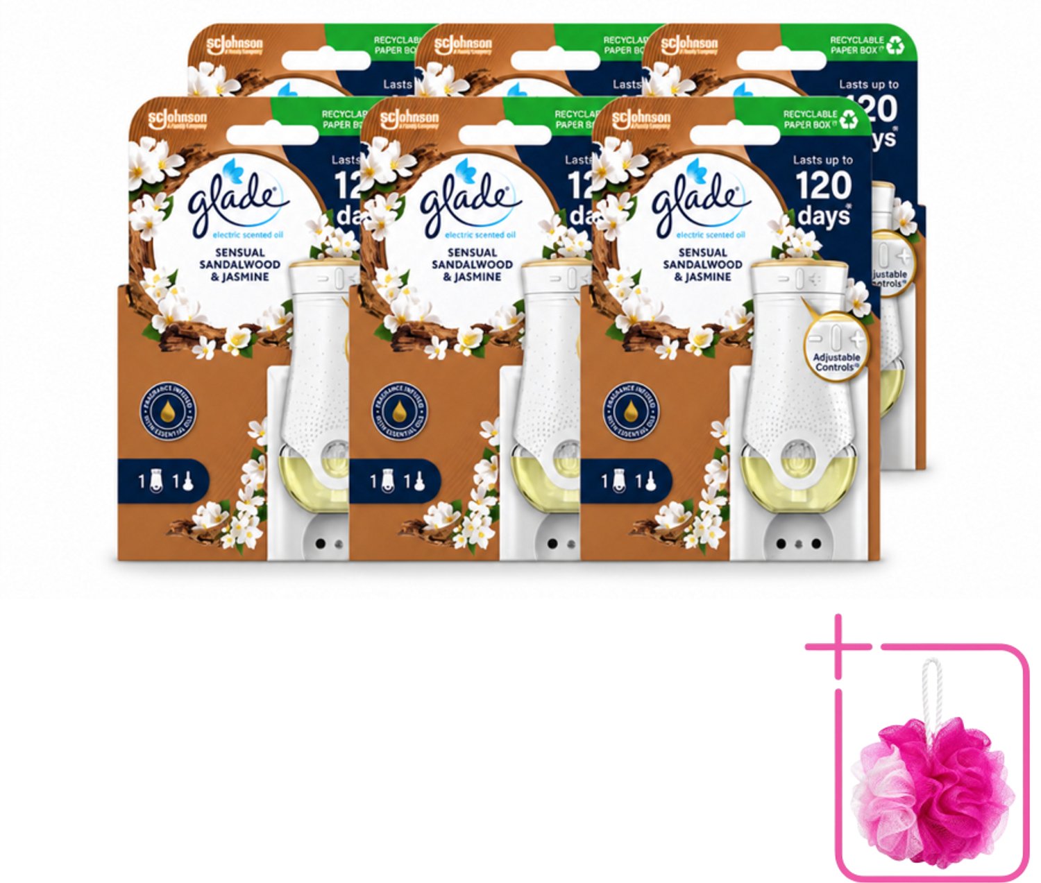 6 x Glade - Houder Elektrische Olie - Sensual Sandelhout Jasmijn - Bulkverpakking - Geurhouders - Douchemop - Geur