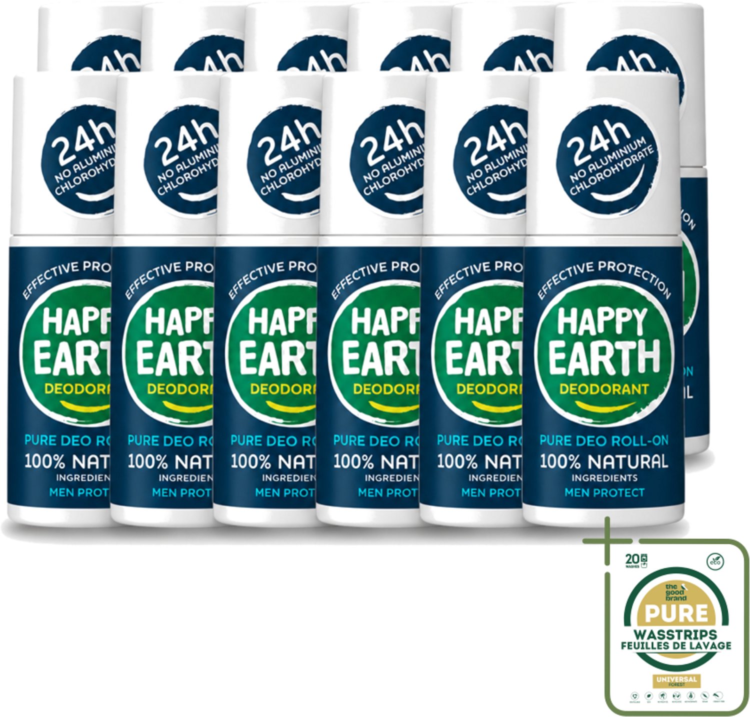 12 x Happy Earth – Deodorant Roll-On – 100% Natuurlijk Men Protect – 75 ml - Wasstrips - Natuurlijke Deodorant - Mannelijke Deodorant - Roll-on Deodorant - Frisheid - Lichaamsgeur