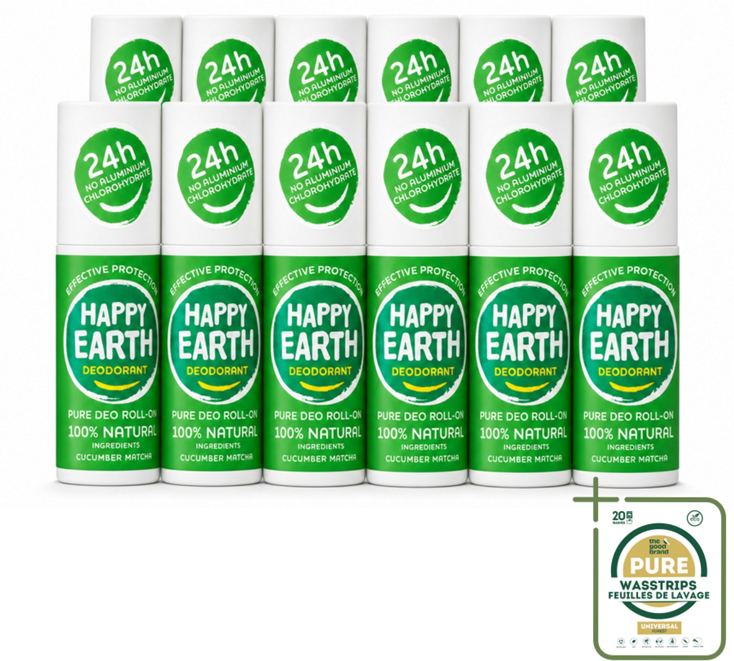 12 x Happy Earth – Deodorant Roll-On – 100% Natuurlijk Cucumber Matcha – 75 ml - Wasstrips - Natuurlijke Deodorant - Cucumber Matcha - Geur - Roll-on Deodorant - Gevoelige Huid