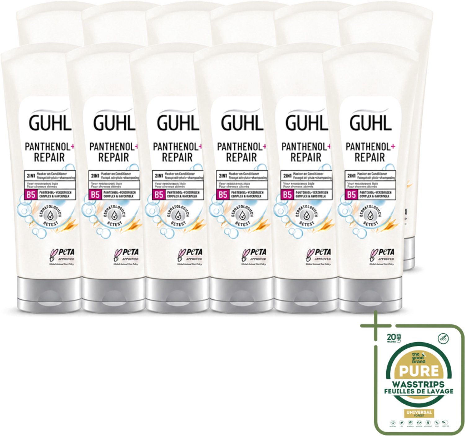 12 x Guhl – 2-in-1 Masker & Conditioner – Panthenol+Repair – 200 ml - Wasstrips - Haarmasker - Conditioner - Panthenol - Haarverzorging - Haarherstel
