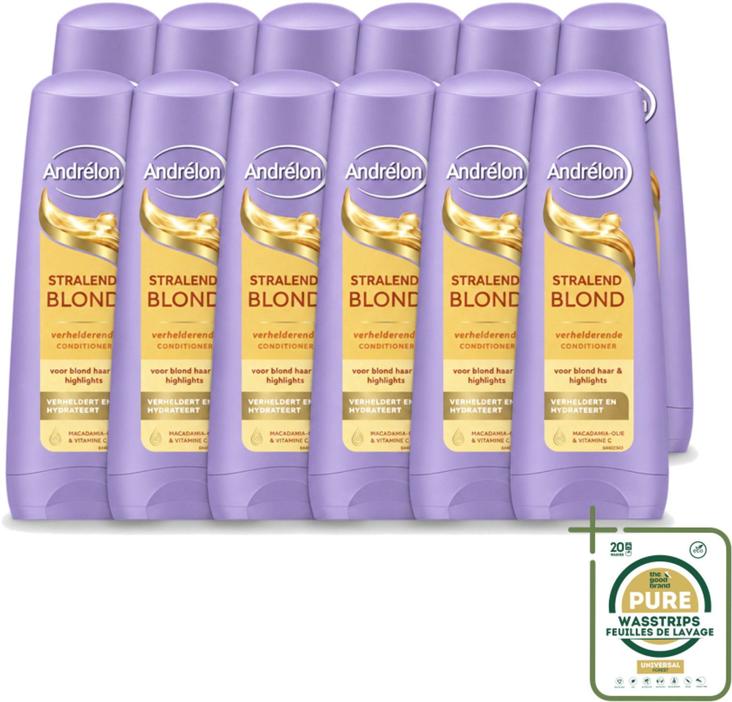 12 x Andrélon – Conditioner – Stralend Blond – 200 ml - Wasstrips - Blond Haar Verzorging - Verhelderende Conditioner - Glans Voor Blond Haar - Highlights Verzorging - Macadamia-olie Conditioner