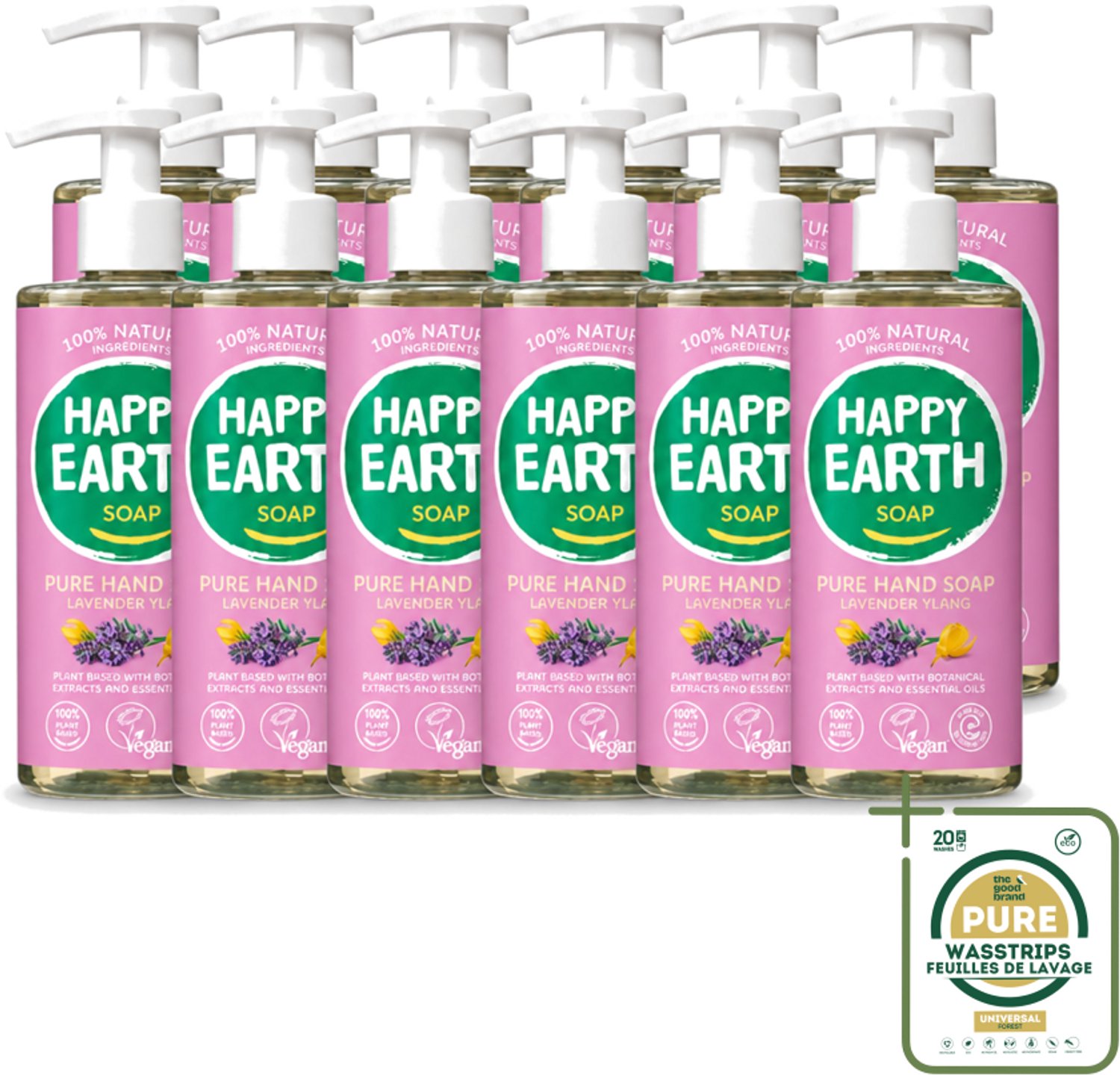 12 x Happy Earth – Handzeep – 100% Natuurlijk Lavender Ylang – 300 ml - Wasstrips - Handzeep - Natuurlijke Handzeep - Vegan Handzeep - Lavendel Handzeep - Ylang Handzeep