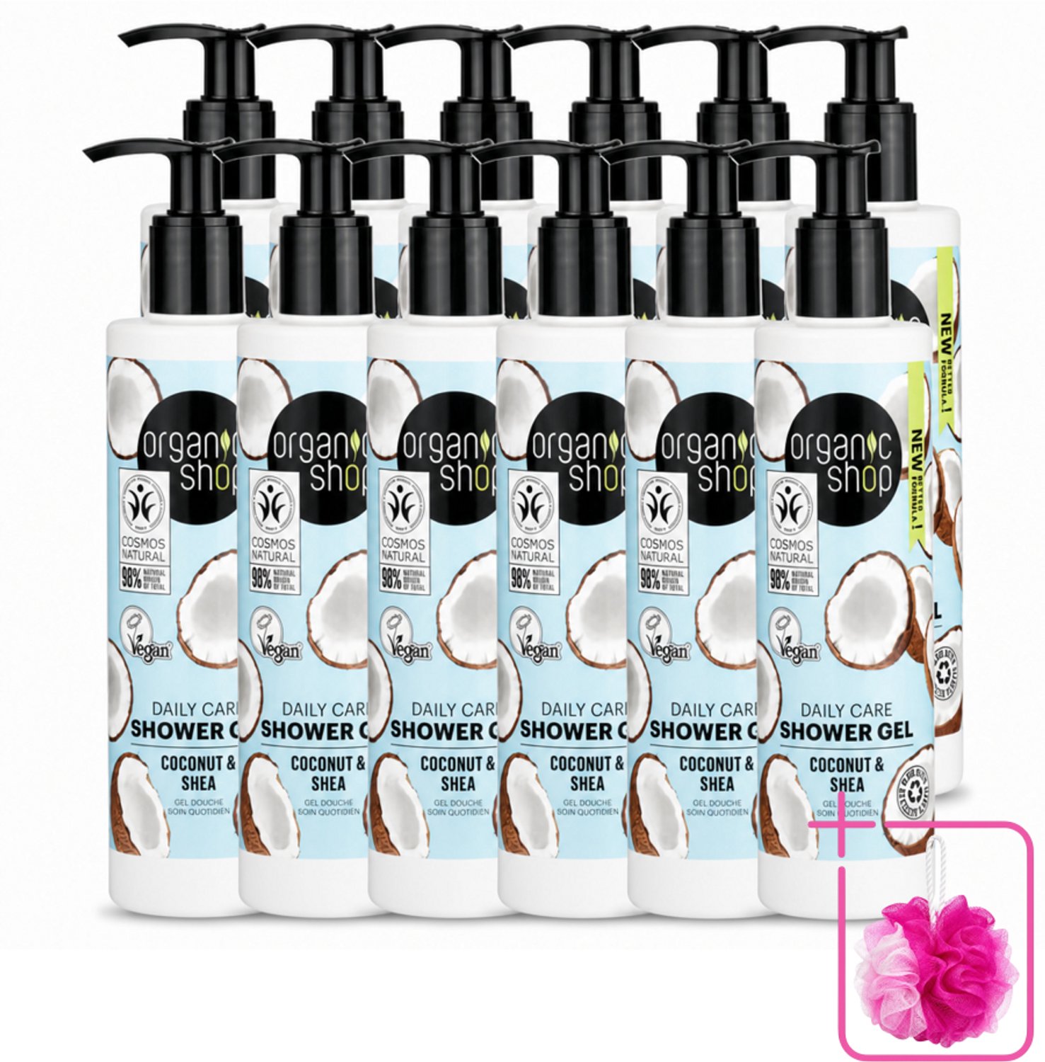 12 x Organic Shop - Daily Care Coconut & Shea Shower Gel - Hydratatie & Verzorging - 280 ml - Bulkverpakking - Douchegel - Douchemop - Natuurlijke douchegel