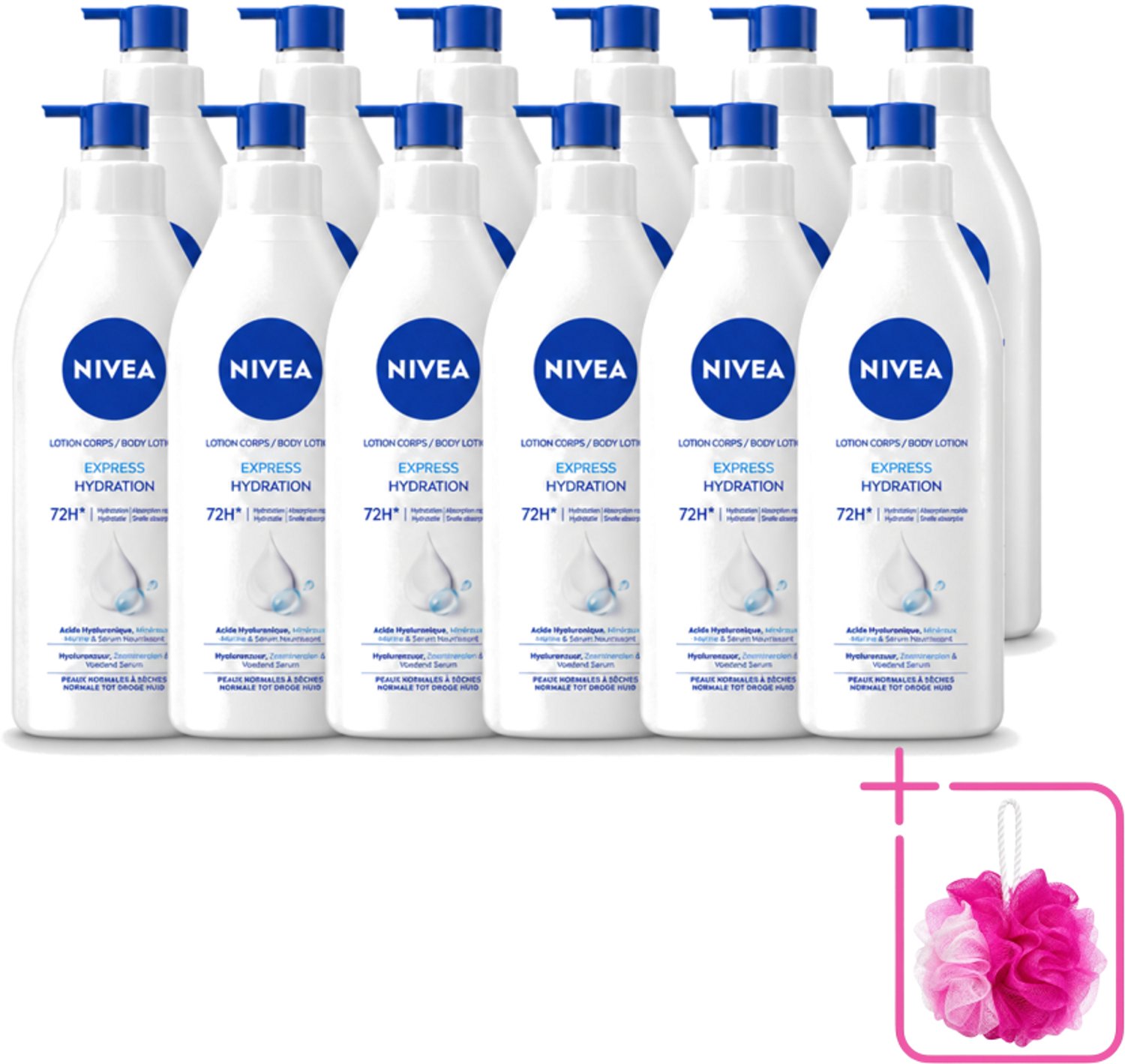 12 x Nivea - Express - Bodylotion met Pomp - Voor Normale tot Droge Huid - 72 uur Hydratatie - 400 ml - Bulkverpakking - Bodylotion - Douchemop - Hydratatie
