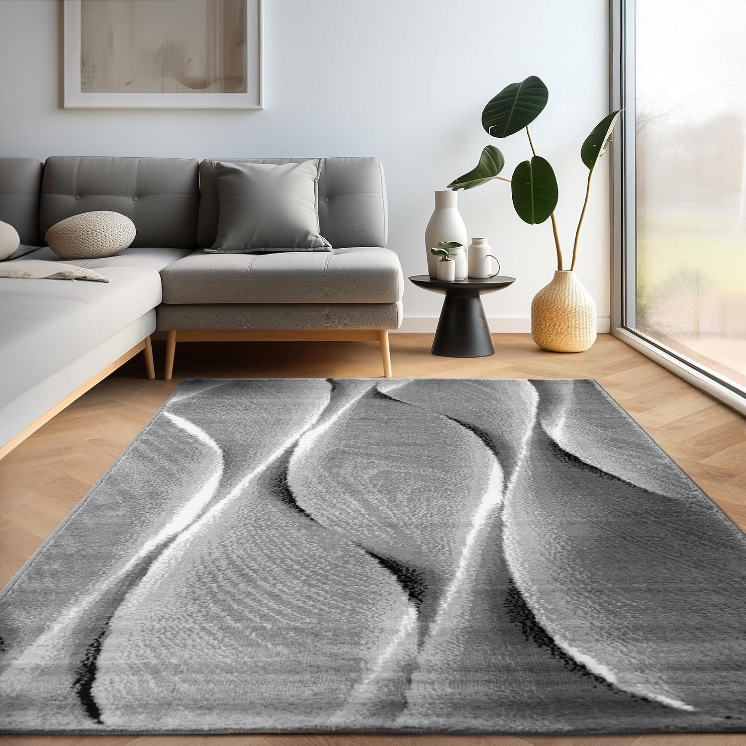 Tapijt voor woonkamer en slaapkamer met modern kortharig ontwerp, golfpatroon in houtlook, stevig en zacht, Kleur: Zwart, Maat: 240 x 340 cm