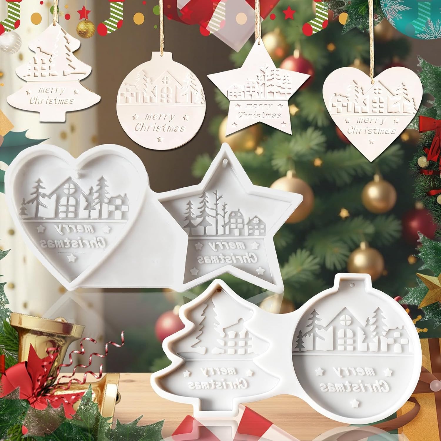 Herbruikbare Siliconen Mallen voor Kerstboom, Ster, Hart en Bel - Perfect voor Gieten van Resin, Plak en Decoratieve Hangers