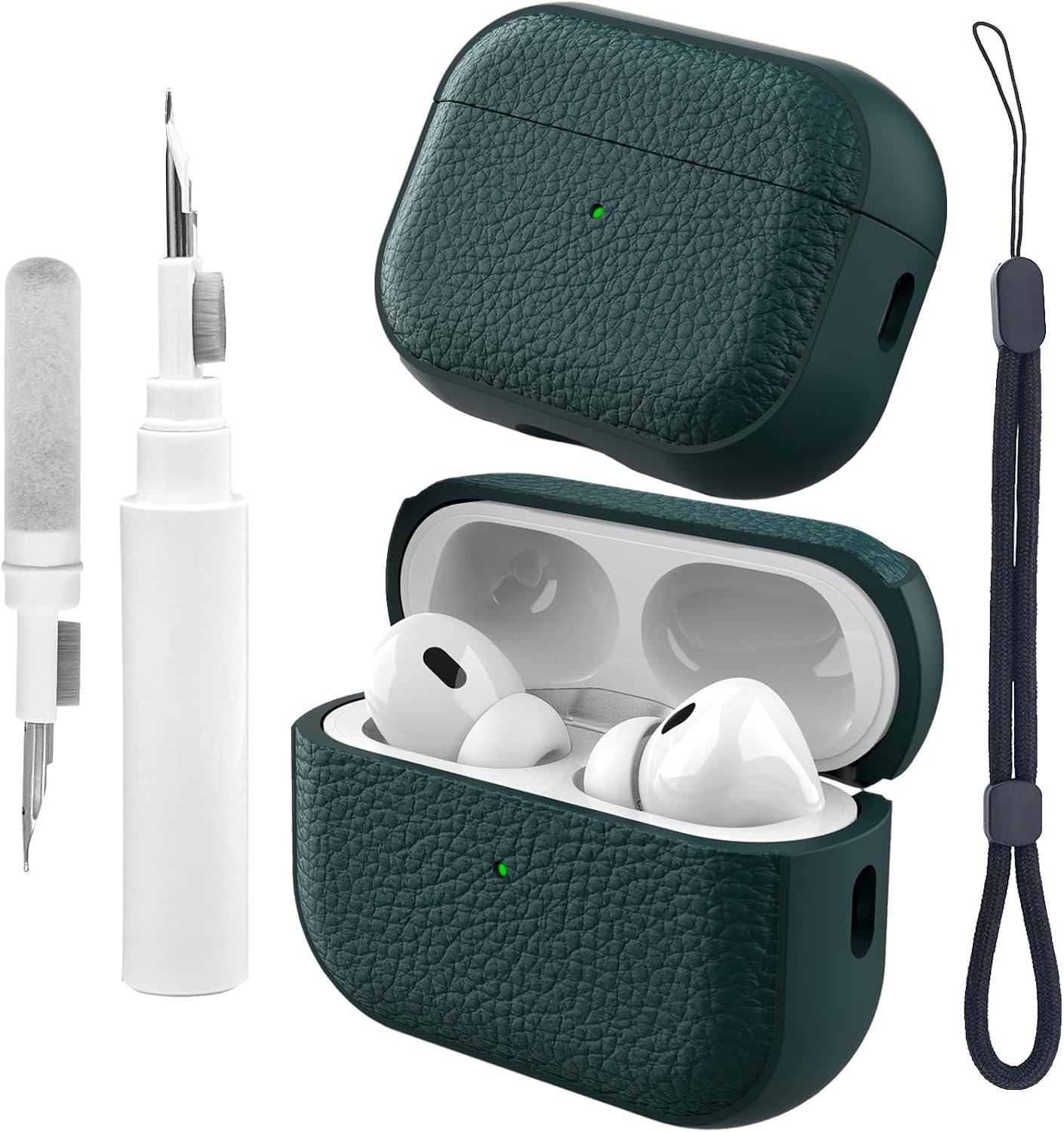Teyomi Hoesje compatibel met Airpods Pro 2 met reinigingsset, TPU beschermhoes compatibel met Airpods Pro 2e generatie met handriem, textuur ontwerp compatibel met Airpods Pro 2 hoes (donkergroen）