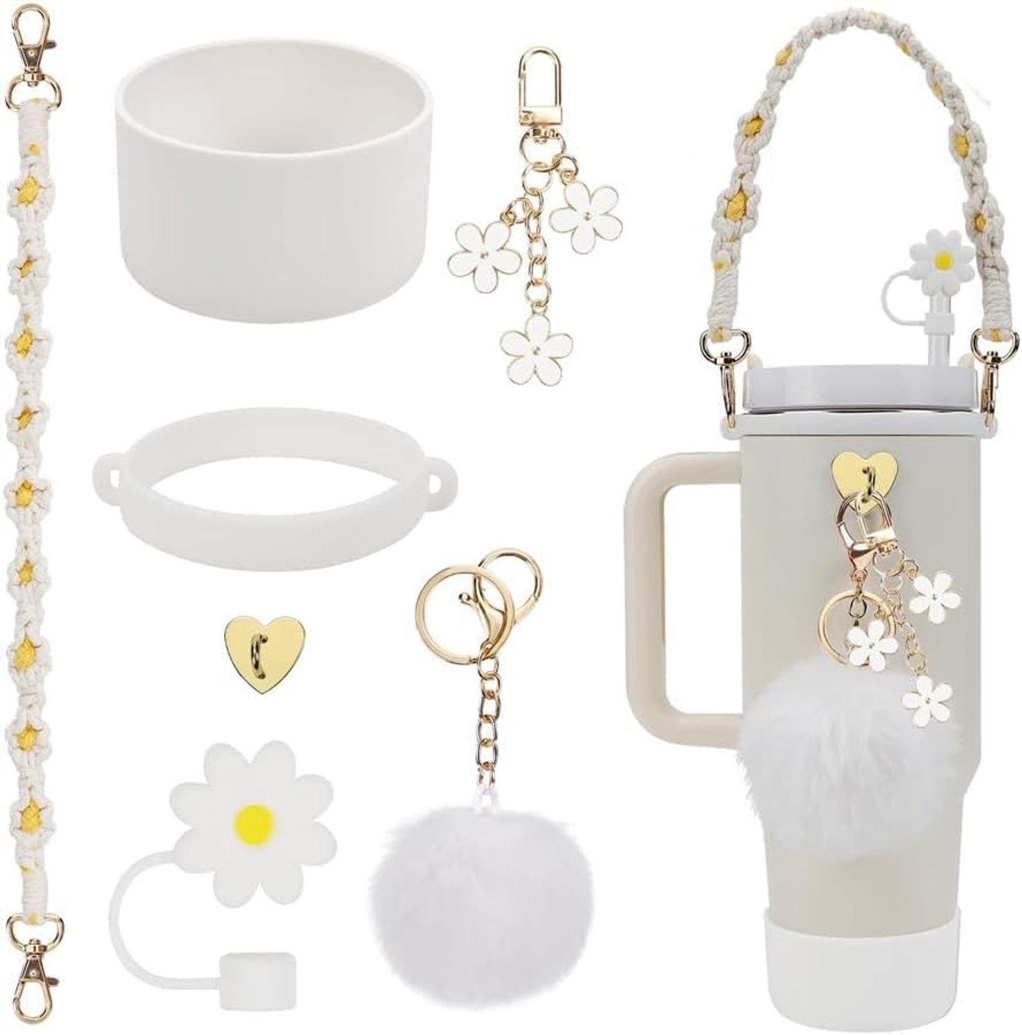 Stanley 7-delig accessoires Cup-set met 1 siliconen beschermer voor Stanley Cup 1 siliconen rietje Stanley Cup accessoires voor Stanley Cup 1100 (Wit)