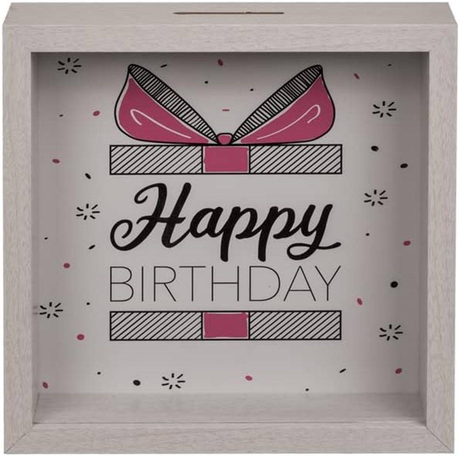 Witte spaarpot van hout Happy Birthday, spaarpot munten, motief "Happy Birthday" (20 x 20 cm), met ophangoog