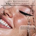 Model met waterdruppels op het gezicht, die langs nepwimpers en eyeliner lopen. Tekst: 100% Waterproof & zweetbestendig.