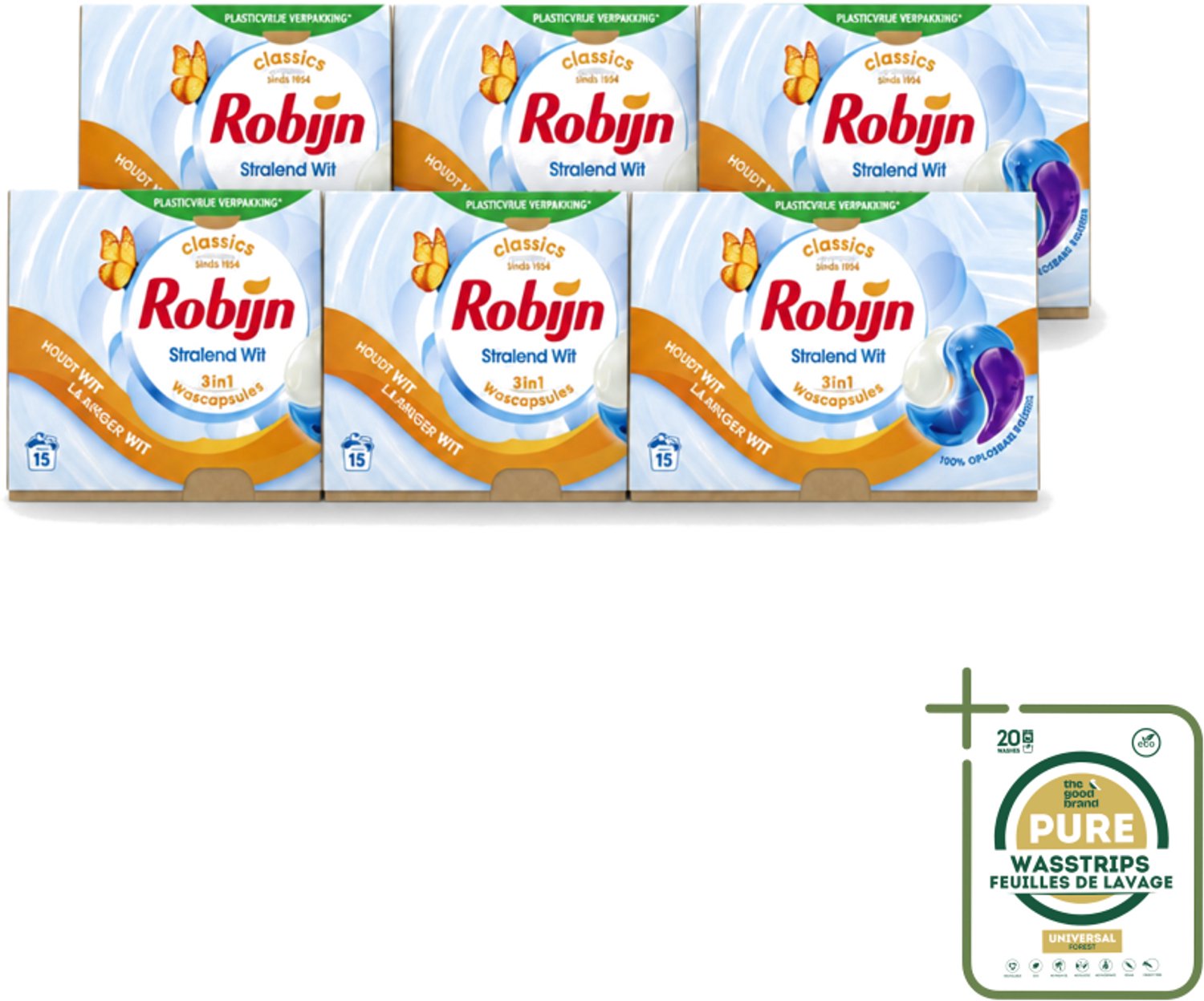 6 x Robijn – 3-in-1 Wascapsules – Stralend Wit – 15 capsules - Wasstrips - 3-in-1 Wascapsules - Stralend Wit Was - Witte Was - Wascapsules - Wasverzachter