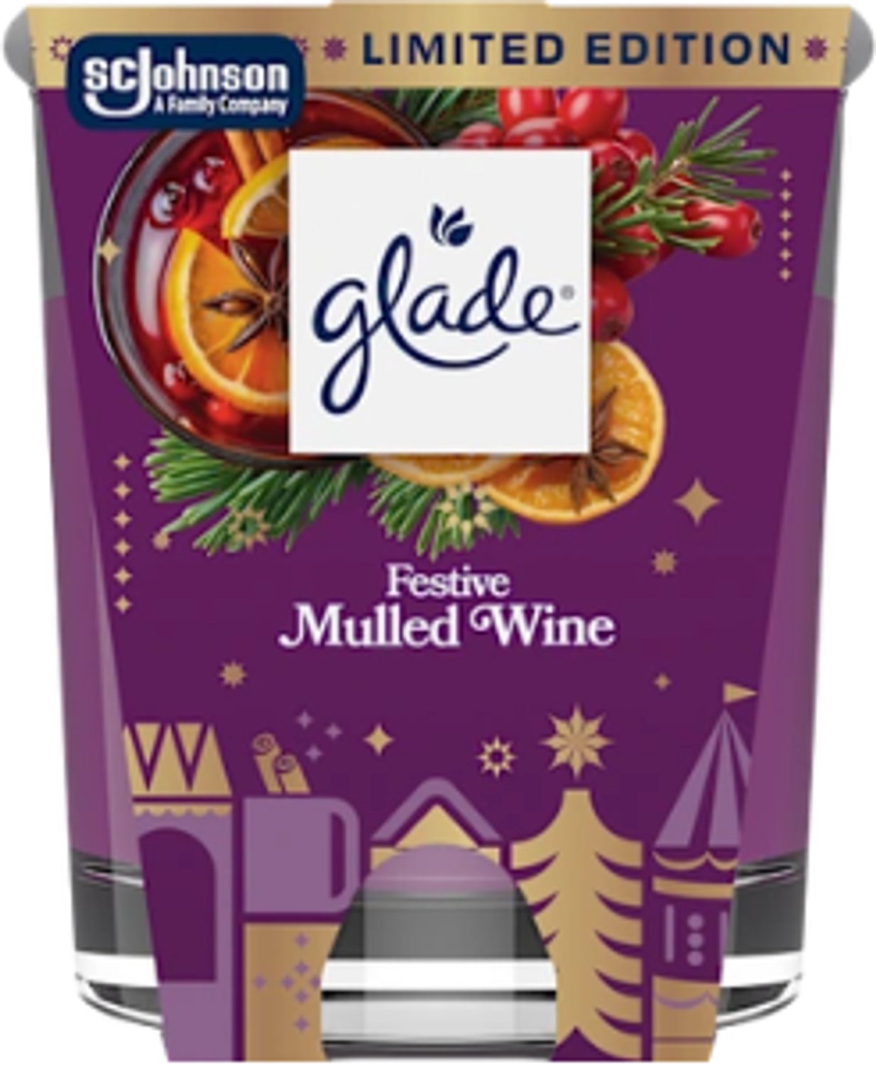 Kerst Geurkaars in Glas - Festive Mulled Wine - Glade | 1x 112g - Wintergeur Kaars in Glas - Brandduur: tot 30 uur