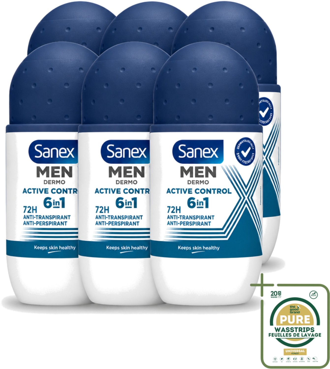 6 x Sanex Men – Deo Roll-on – Active Control – 53 ml - Mannelijke Deodorant - Zweetbescherming - Okselbescherming - Huidcomfort - Anti-irritatie