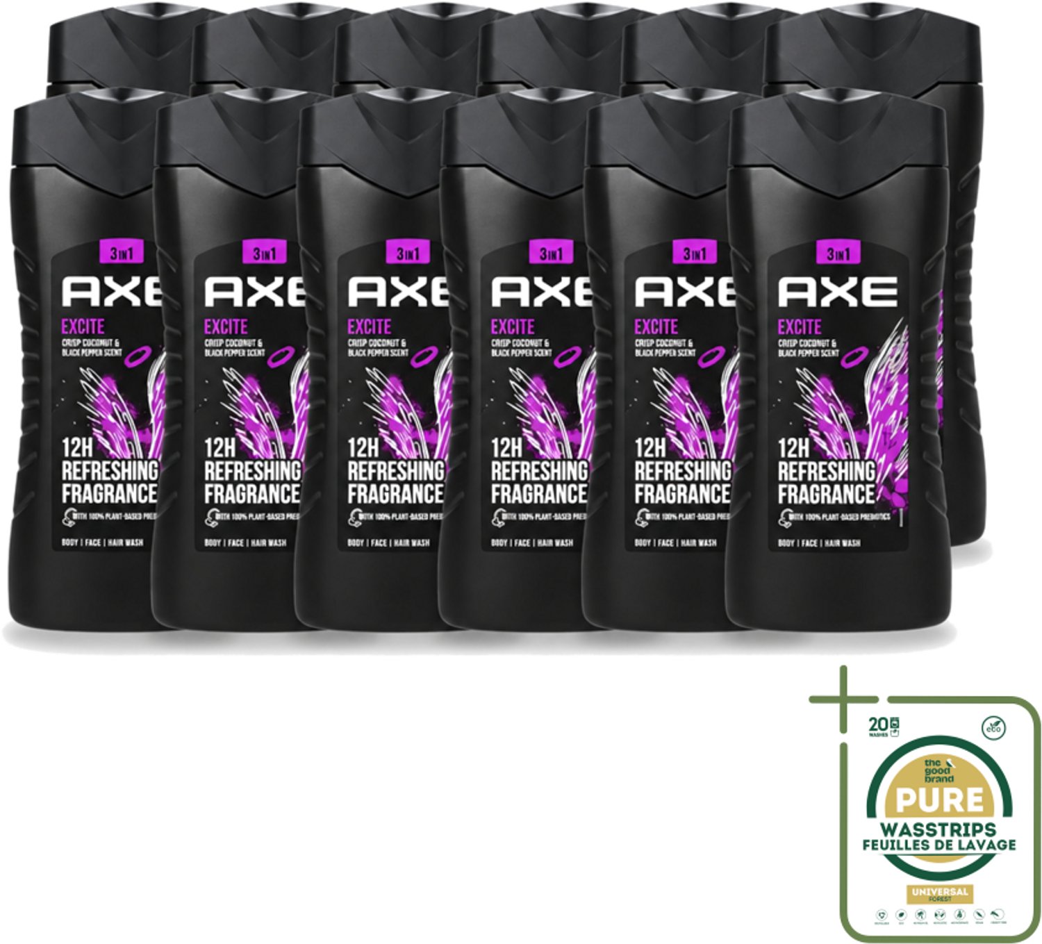12 x Axe – Douchegel – Excite - 250 ml - Wasstrips - Douchegel - Douchegel Zwarte Peper Kokosnoot - Douchegel Voor Mannen - Douchegel Kruidige Geur - Douchegel Warm En Fris
