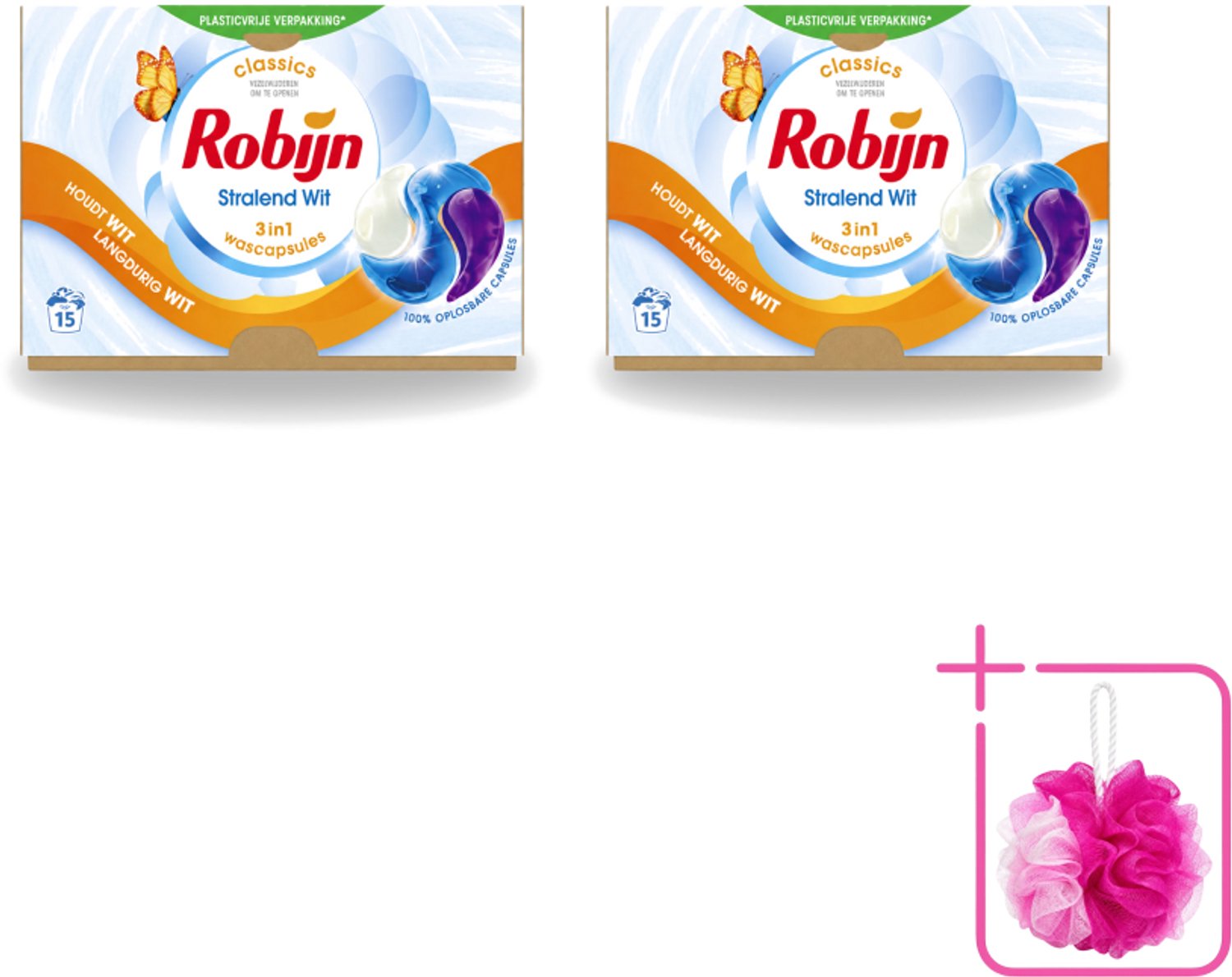 2 x Robijn – 3-in-1 Wascapsules – Stralend Wit – 15 capsules - Bulkverpakking - Wit was - Douchemop - Stralend Wit