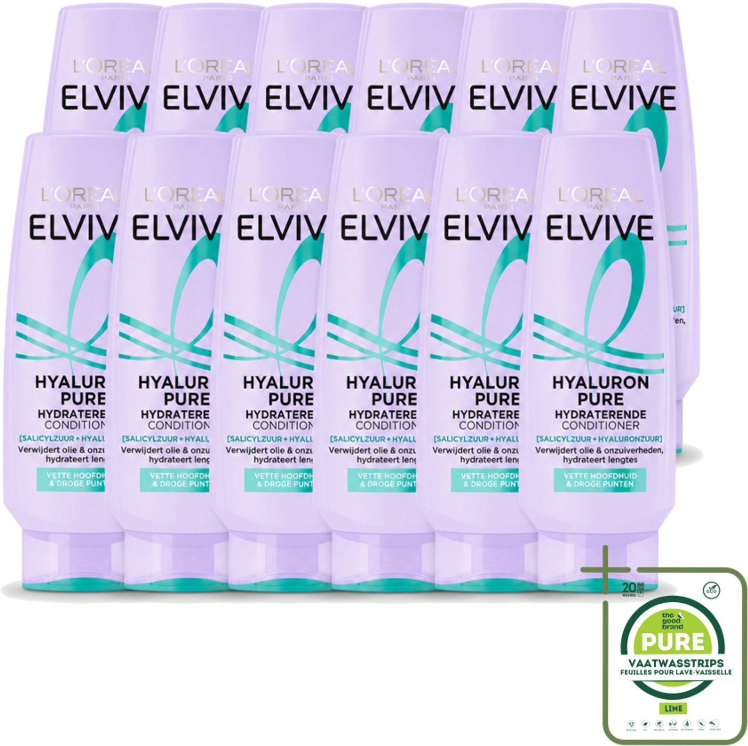 12 x L’Oréal Paris Elvive – Conditioner – Hyaluron Pure – Vette Hoofdhuid & Droge Punten – 200 ml - Grootverpakking - Vaatwasstrips - Hydraat - Zuiveren - Haarverzorging - Vet Haar - Droge Punten