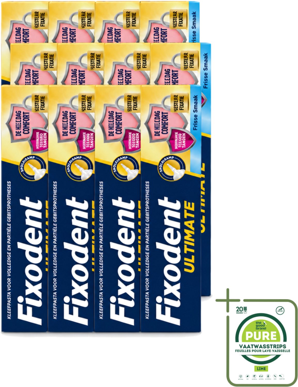 12 x Fixodent – Kleefpasta – Ultimate Fresh – 40 g - Grootverpakking - Vaatwasstrips - Kleefpasta Kunstgebit - Kunstgebit Fixatie - Voedselresten Voorkomen - Frisse Muntsmaak - Precisiepunt Mondstuk