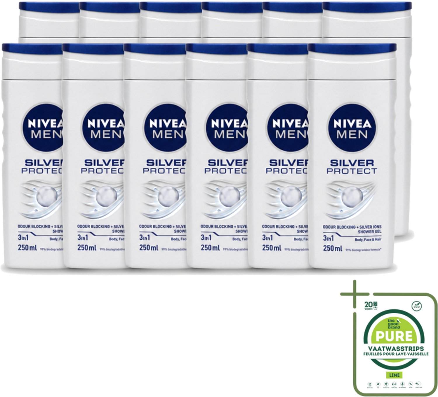 12 x Nivea Men – Douchegel – Silver Protect – 250 ml - Grootverpakking - Vaatwasstrips - Douchegel Mannen - Zilverionen - Frisheid - Lichaam Verzorging - Gezicht Verzorging