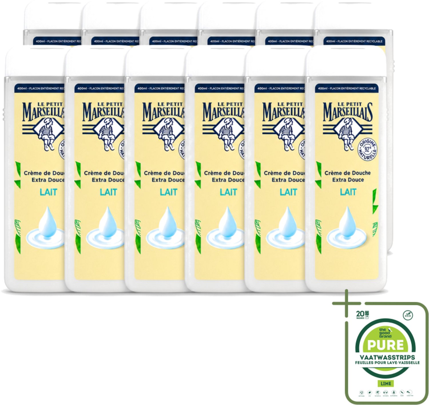 12 x Le Petit Marseillais – Douchecrème – Lait – 400 ml - Grootverpakking - Vaatwasstrips - Douchecrème - Huid Verzorging - Hydraterende Douchecrème - Zachte Huid - Natuurlijke Douchecrème