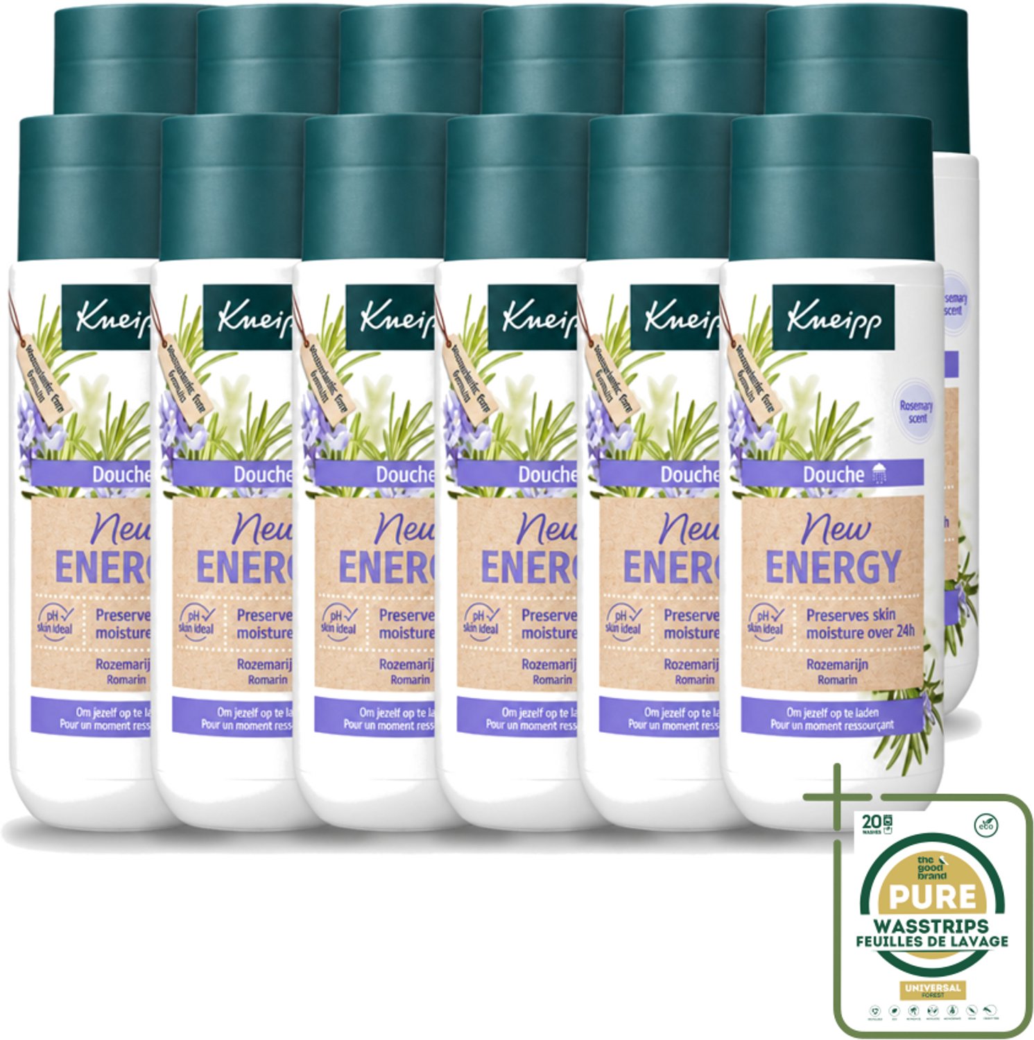 12 x Kneipp - Douchegel - New Energy - Energieke Geur - 200 ml - Wasstrips - Douchegel - Energie - Rozemarijn - Natuurlijke Geur - Hydraterend