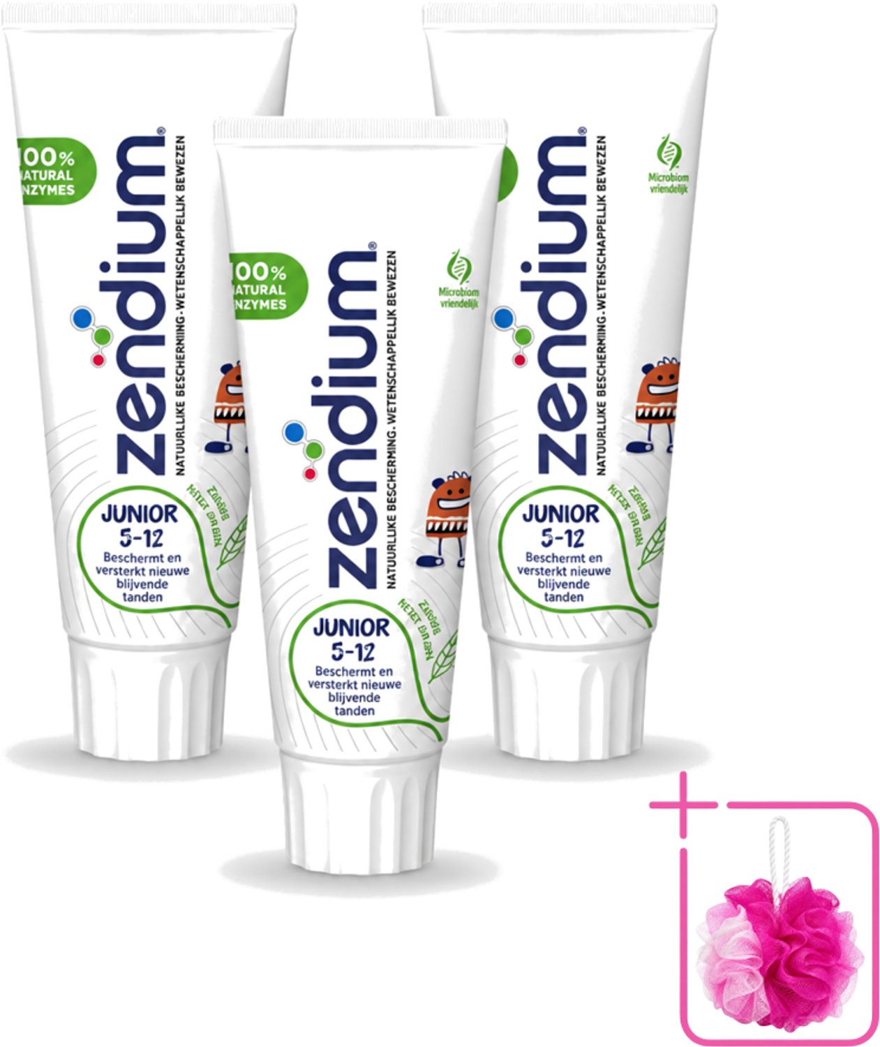 3 x Zendium - Junior 5-12 Jaar - Tandpasta - Natuurlijke Enzymen - 75 ml - Bulkverpakking - Tandpasta voor kinderen - Douchemop - Melktanden beschermen